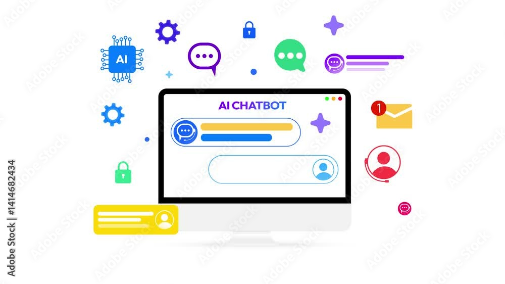 Poster colorful ai chatbots for the help and assistance concept, 4k animation with floating shapes. artific