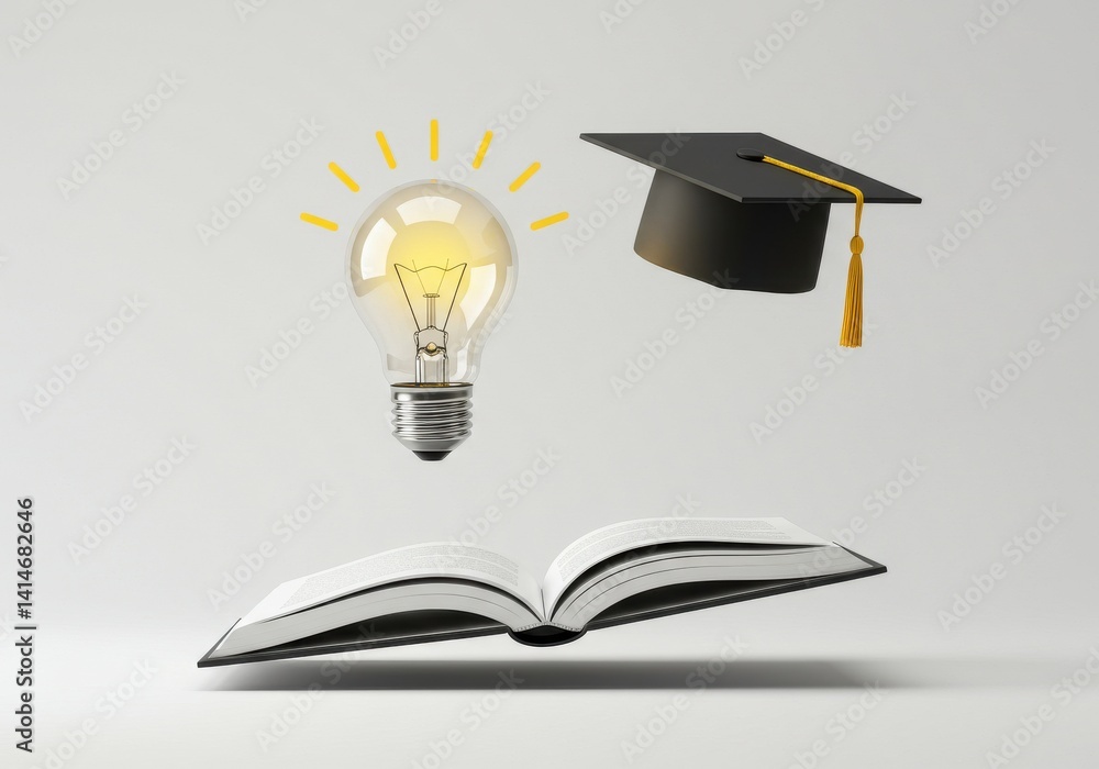 Poster a lightbulb shining above an open book next to a graduation cap against a white background scene set