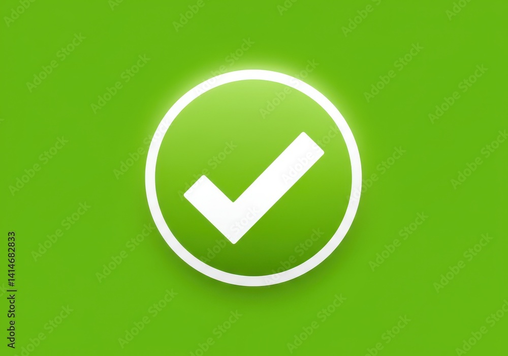 Poster a white check mark inside a white circle on a green background with a soft glow effect around the ci