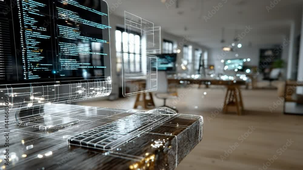 Poster digital workspace: a modern workspace bathed in natural light, with data streams overlaying technolo