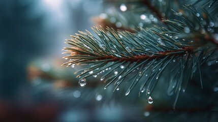 Pine Branch After Rain with Water Droplets and Soft Blurred Background