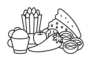 Food Line art Icons set, Food outline Art Illustration Clip art. set of food line art coloring page, vector art