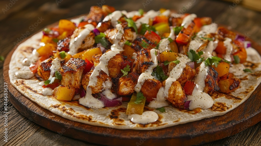 Poster grilled chicken and mango salsa on a tortilla with creamy sauce.