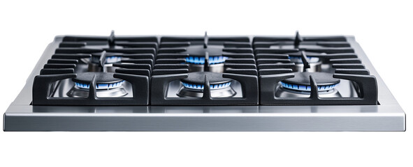 Hyper-realistic gas stove with metal burners and black grill, silver body, isolated on white background

