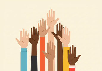Obraz premium Diverse Hands Raised Together in unity against a light background 