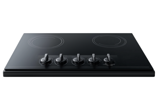 Hyper-realistic kitchen cooktop, sleek black surface with burners or induction zones, isolated on white background

