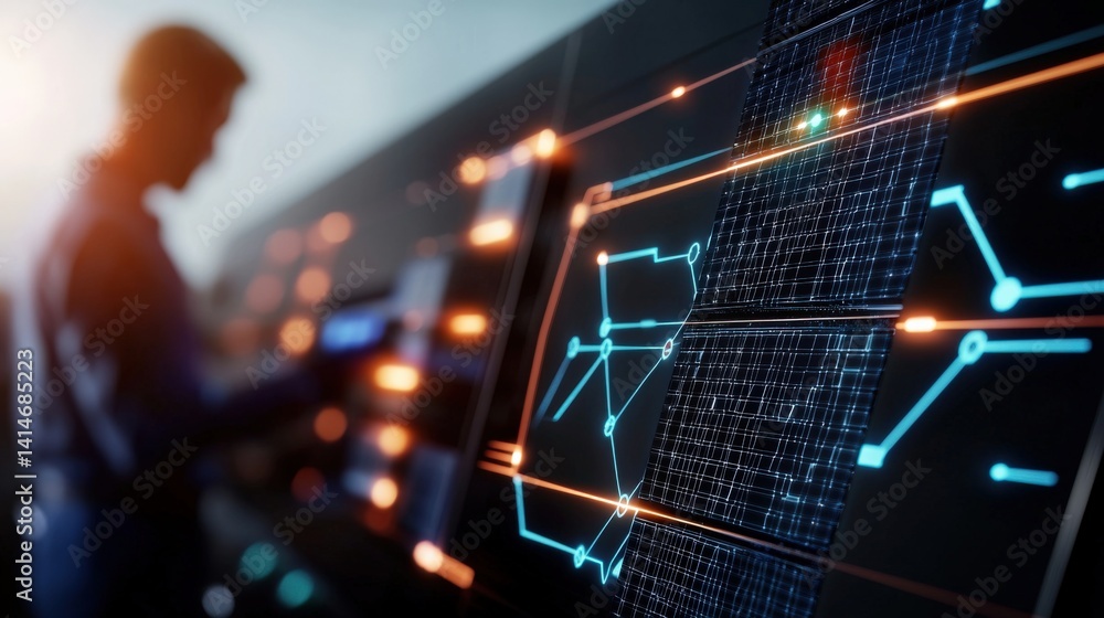 Poster technological innovation in action data visualization in a modern workspace digital environment futu