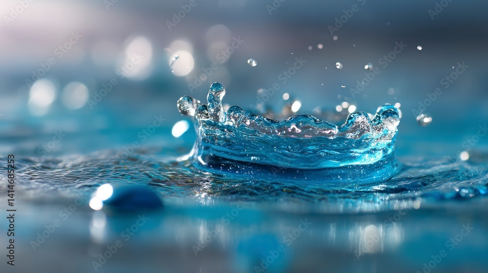 Poster water drop creating splash with droplets in macro photography studio shot