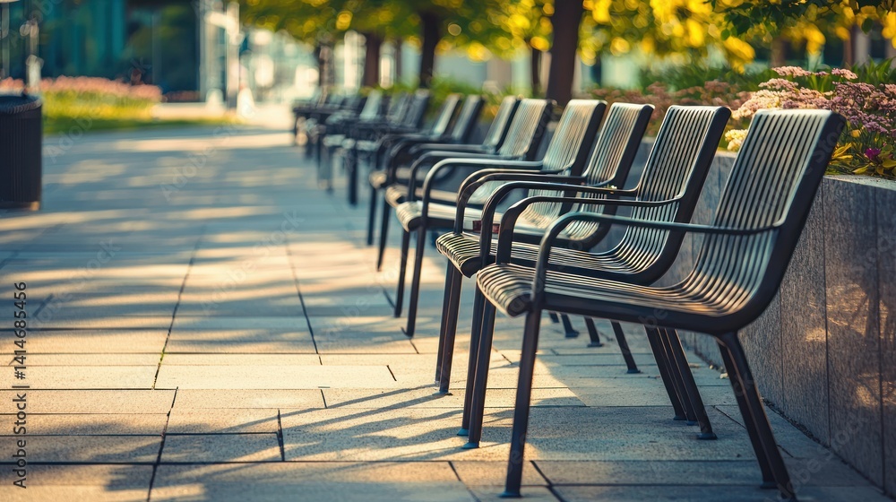 Aufkleber a row of empty chairs in a public space, with no one sitting, creating a quiet and unused area.