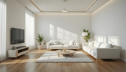 Fototapeta premium Serene Minimalist Living Room: Sunlit White Sofas and Natural Light