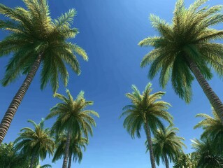 Tropical palm trees reach towards the clear blue sky creating a serene vacation vibe sunny day light