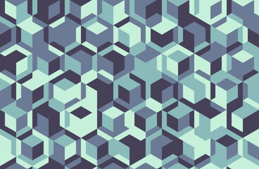 Abstract geometric seamless pattern.  Intricate design featuring overlapping cubes in cool tones. Ideal for modern backgrounds, textiles, or website design.  Creates a sense of depth and complexity.