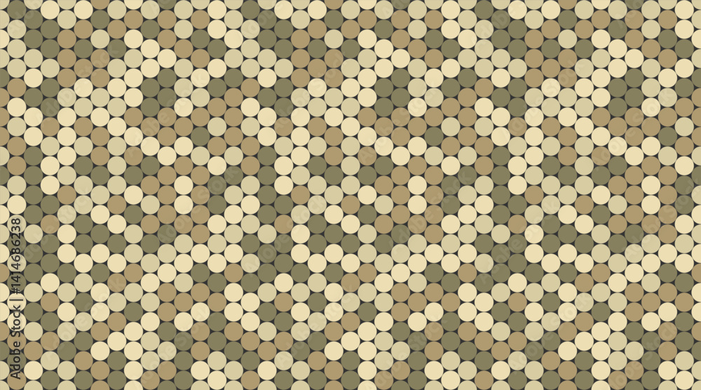 Poster abstract geometric pattern featuring a dynamic interplay of beige and olive green circles, creating 