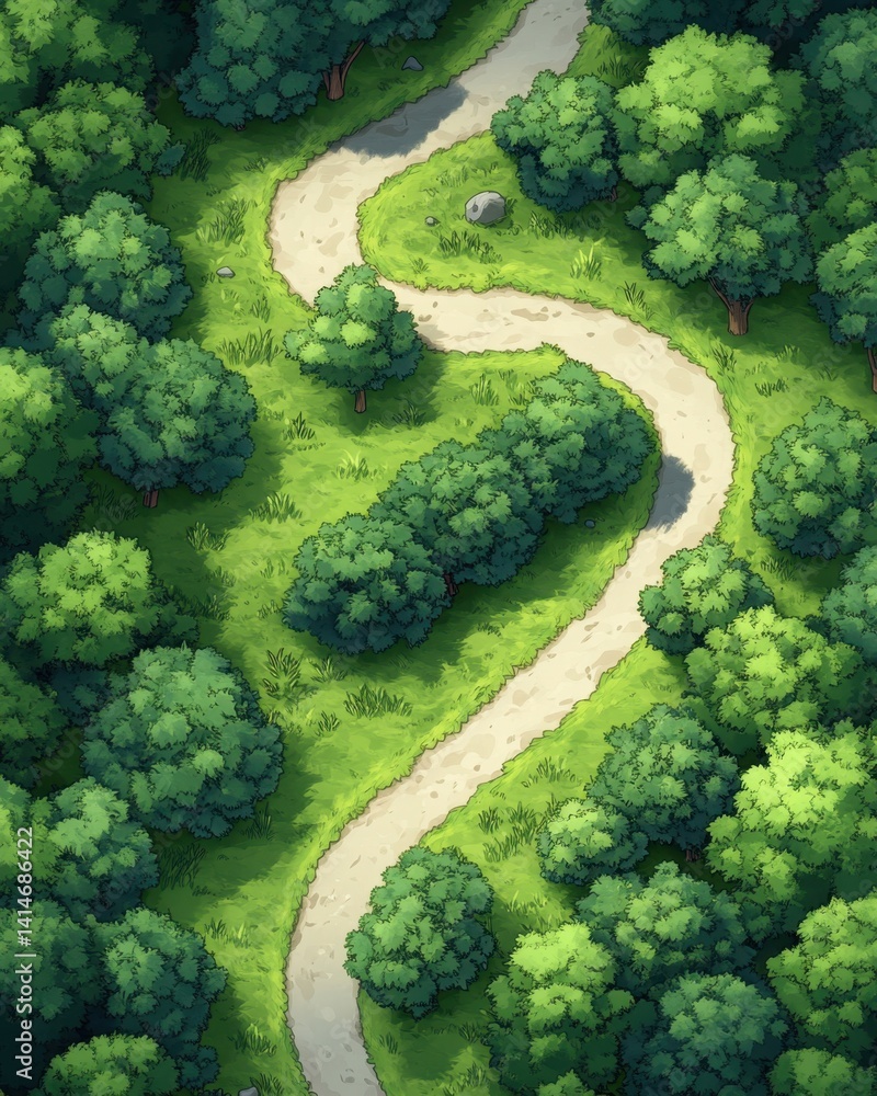 Poster serene forest path winding through lush green trees overhead view capturing tranquility and natural 