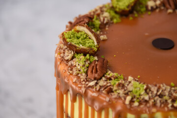 Pistachio Caramel Drip Cake featuring layers of moist cake drizzled with rich caramel, topped with...