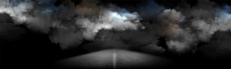Smoke above road, horizontal highway surface with mysterious horror smog