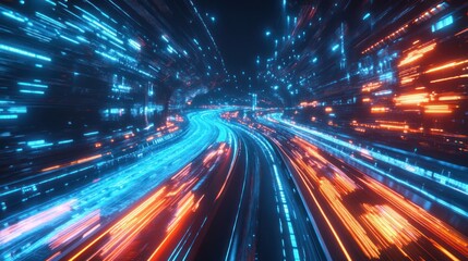 Futuristic highway illustration shows high speed data and technology streams