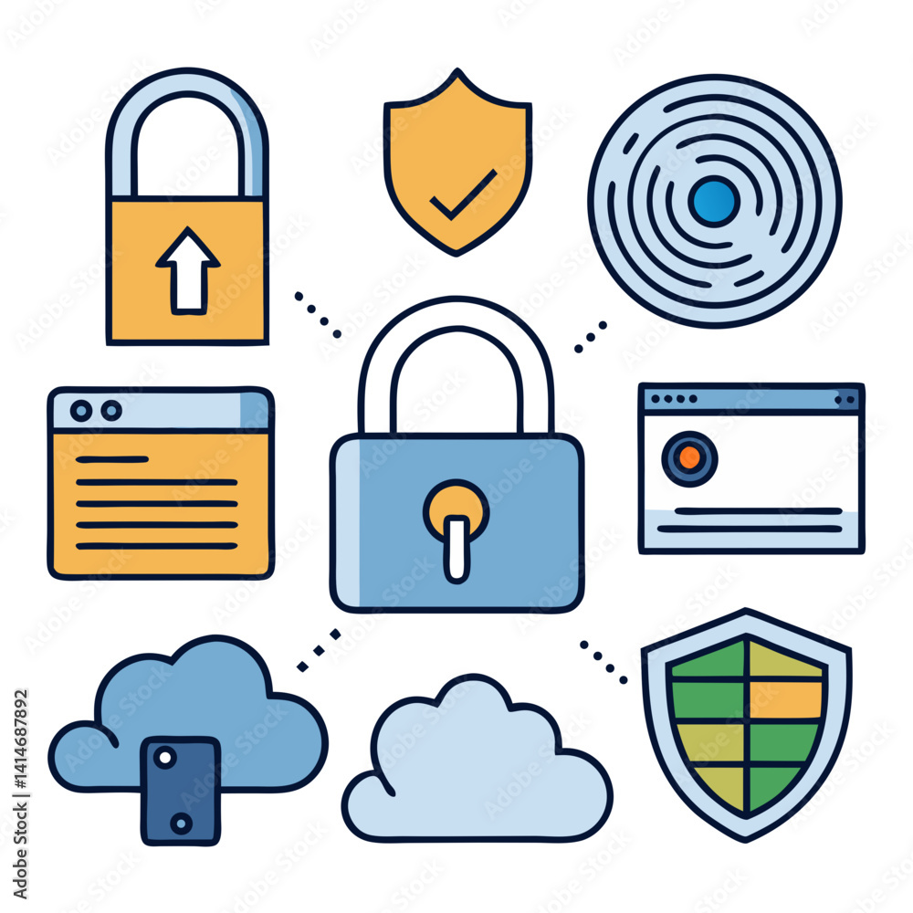 Poster secure your digital world with robust protection, featuring bright, playful icons and a connected ne
