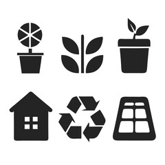 Growing a sustainable future: plants, home, recycling, and solar energy in bold black icons.