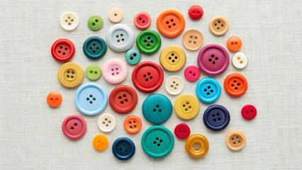 A vibrant assortment of colorful buttons in various sizes and shades, including red, orange, yellow, green, blue, pink, purple, white, and black, scattered on a textured light beige fabric