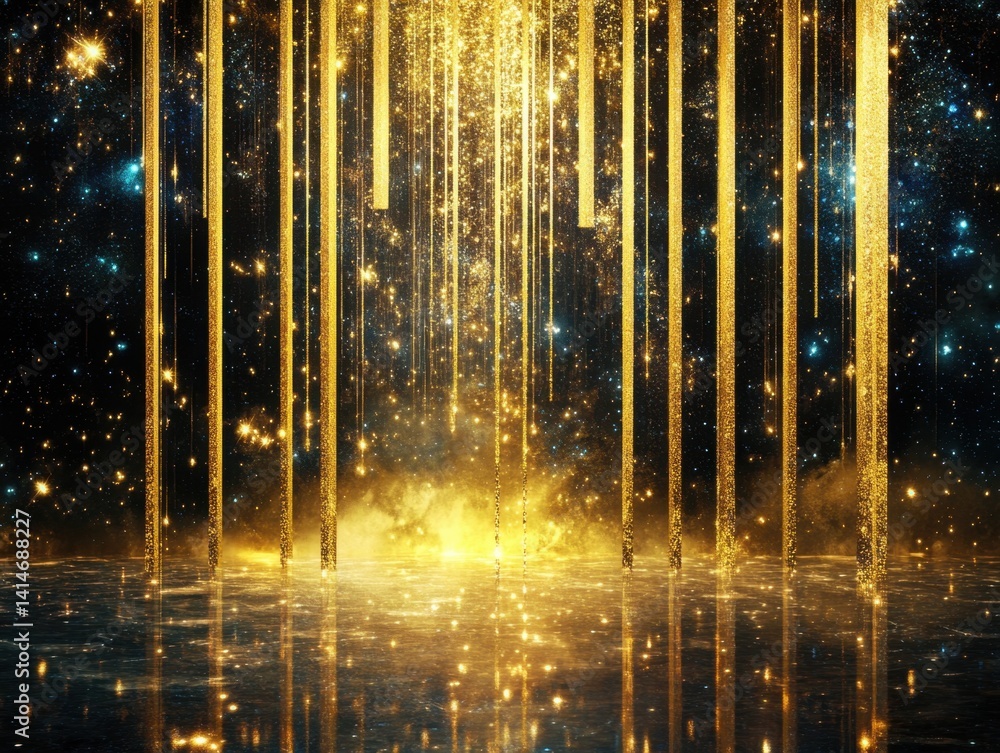 Poster ethereal golden light cascades over a reflective surface creating a magical atmosphere with cosmic b