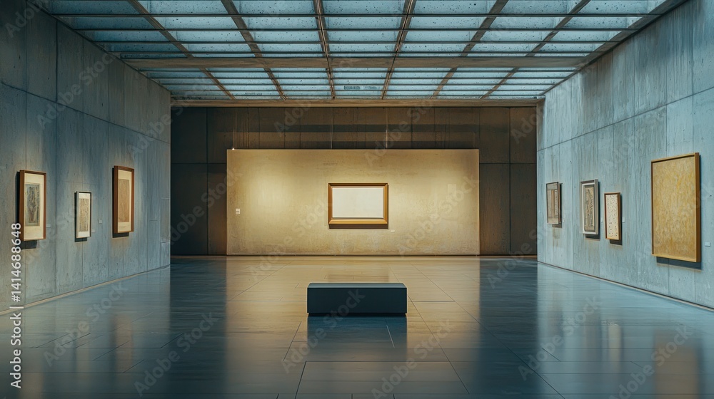 Poster an empty gallery wall in a museum, waiting to be adorned with artwork, creating a quiet atmosphere.
