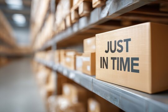 A close-up of a cardboard box labeled "JUST IN TIME" on a warehouse shelf, highlighting efficient inventory management.