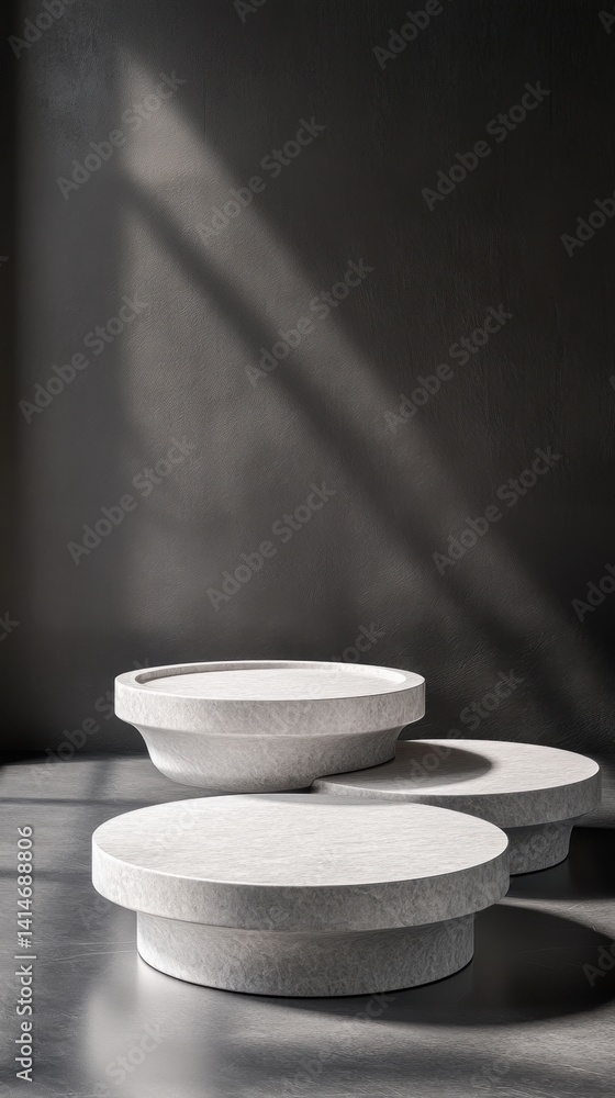 Poster elegant minimalist backdrop featuring three round stone platforms under a soft natural light beam fo