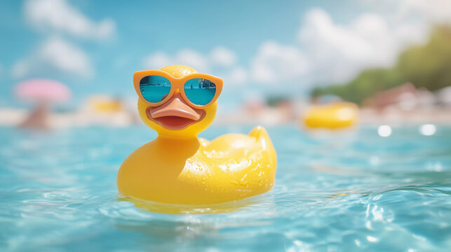Rubber duck wearing sunglasses floating on water at sunny beach 햇살 가득한 해변 물 위에 선글라스를 쓴 고무 오리