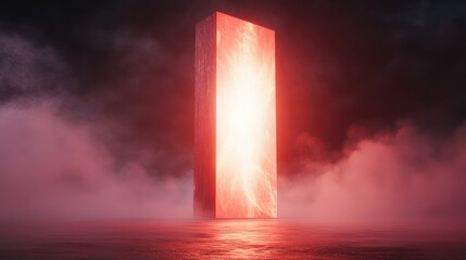 A luminous rectangular structure stands in a mysterious atmosphere