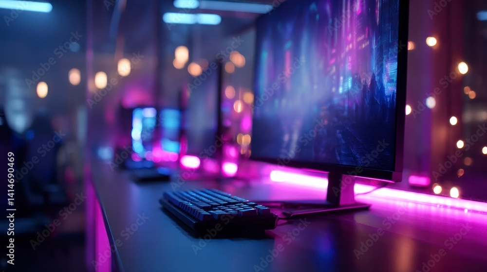 Poster gaming setup with neon lights featuring computer monitor and keyboard