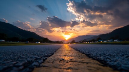 Obraz premium Driving on Road Toward Sunset with Mountains and Dramatic Sky