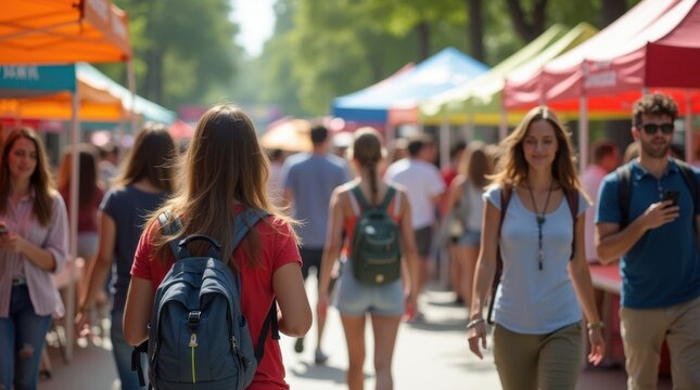 A square image of a bustling internship fair, colorful booths and banners, young adults networking and exploring career options in an open sunny setting.
