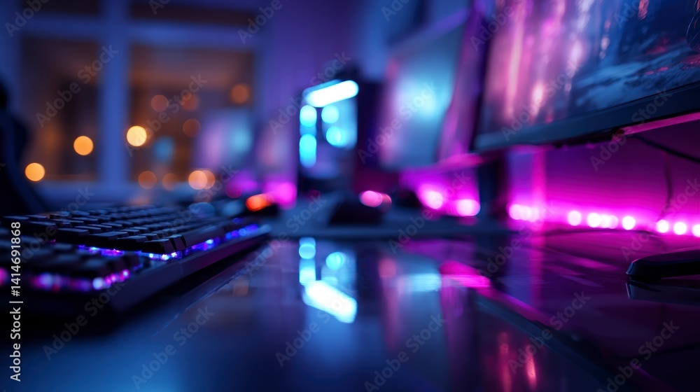 Poster gaming setup with keyboard and monitors lit with neon lights