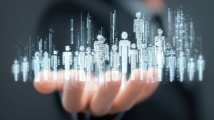 Illustrating the blend of technology and human interaction, this image portrays a hand holding abstract representations of people, symbolizing connection and data sharing.