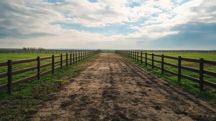 Fototapeta premium A well-maintained cattle pen with metal fencing and a wide area for livestock to roam.