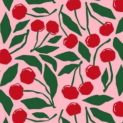 Seamless pattern with red cherry fruit with green leaves. Repeating print of cherries cut out style, abstract organic nature shapes for wrapping paper textile. Vector print