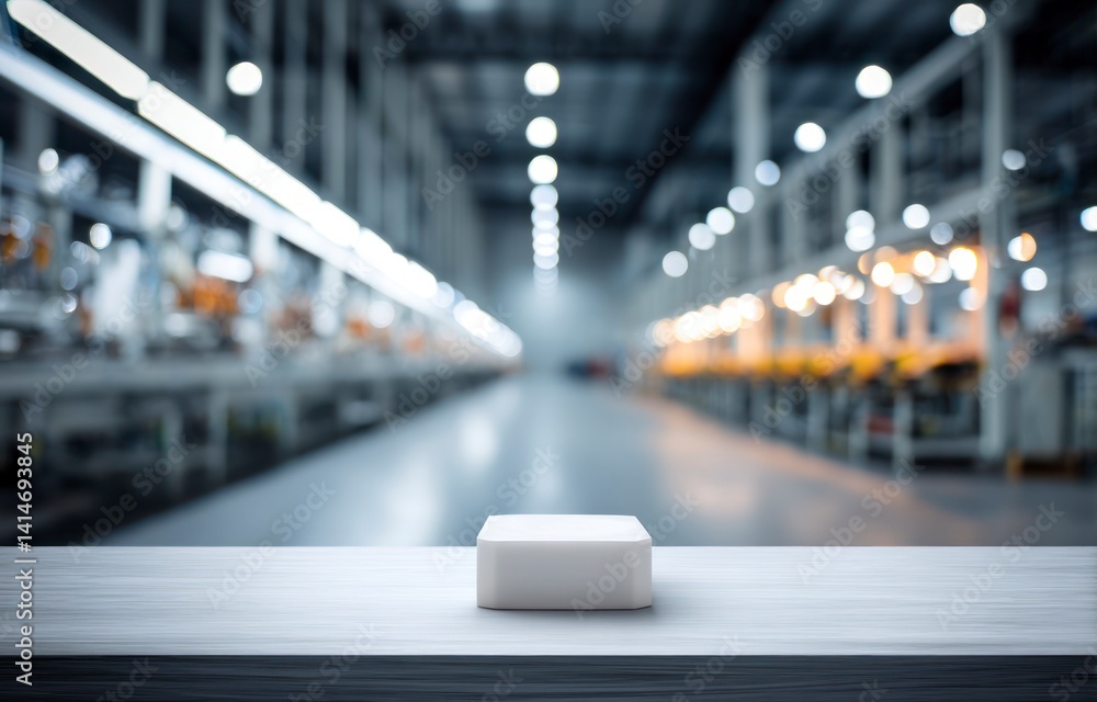 Poster displaying small white box on metal table in blurred factory setting
