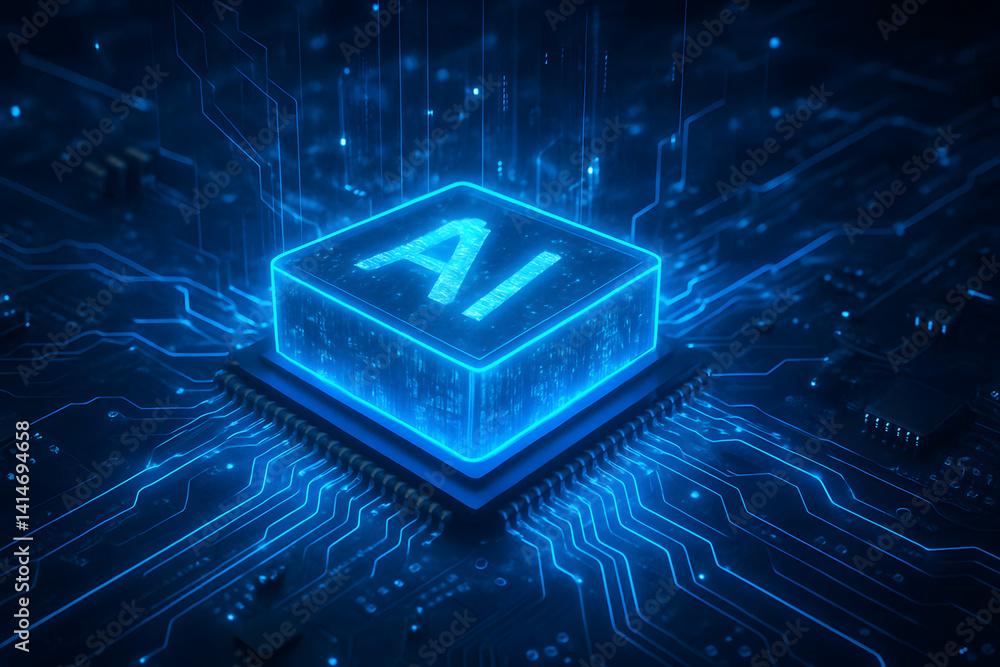 Poster artificial intelligence's technological heart: an electrifying depiction of an ai cube illuminated w