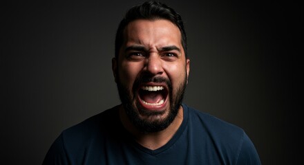 Obraz premium Man Screaming with Angry Expression - A man with a beard screams in frustration and emotional distress against a dark gray background. The symbolizes anger, stress, rage, frustration, and outburst