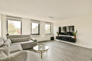 A spacious and contemporary living room featuring large windows, a gray sofa, and a flat-screen TV. The minimalist décor enhances its inviting atmosphere.