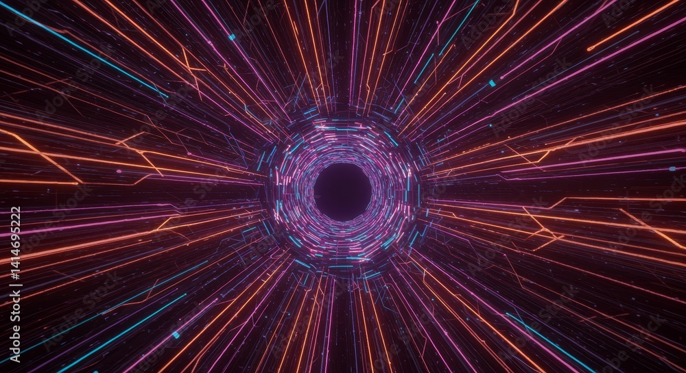 Poster neon lines tunnel abstract background - abstract background featuring a vibrant neon tunnel with glo