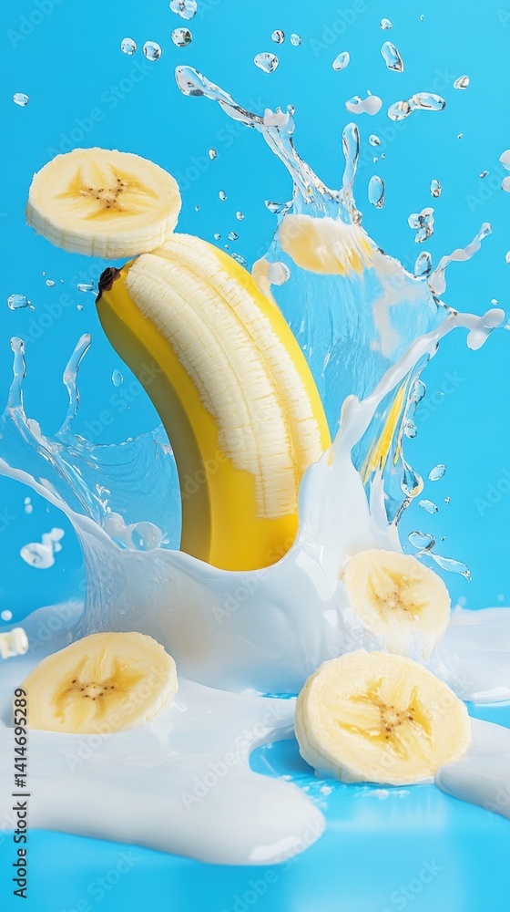 Poster fresh banana slices in milk splash on blue background capturing dynamic motion and vibrant color pro