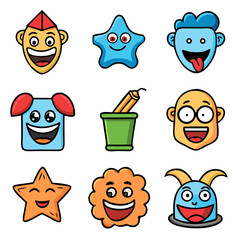 A collection of joyful, expressive cartoon characters, each brimming with playful energy and vibrant colors, featuring bold outlines and simple shapes.