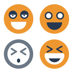 A playful collection of diverse emoticons showcasing a range of emotions from amused smirks to hearty laughter, featuring a bold orange and dark blue color scheme.