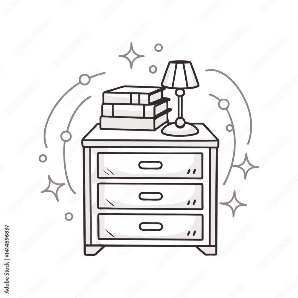 Poster nightstand with lamp and books in clean minimal vector line art style