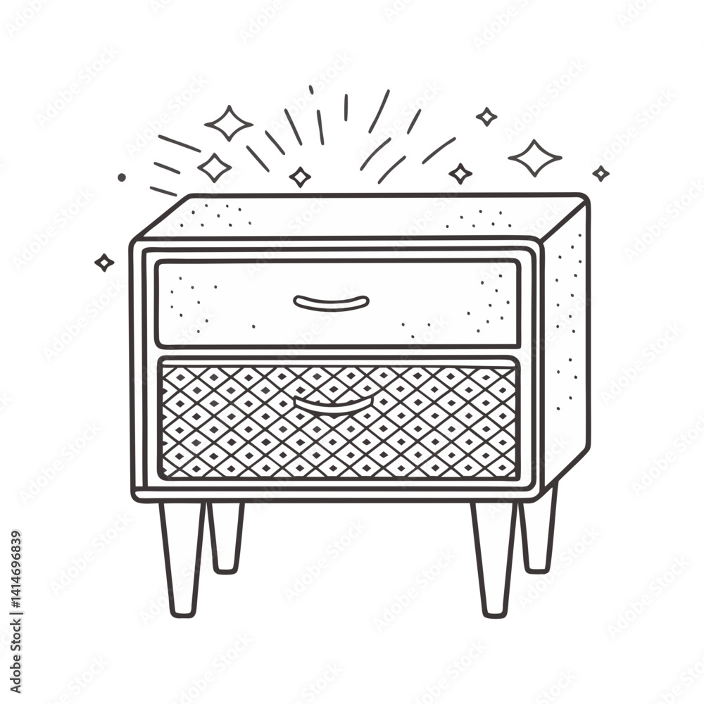 Poster stylish vector nightstand with patterned drawer in retro modern line art