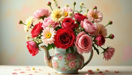 Floral Arrangement with Red and Pink Roses in Vintage Teapot