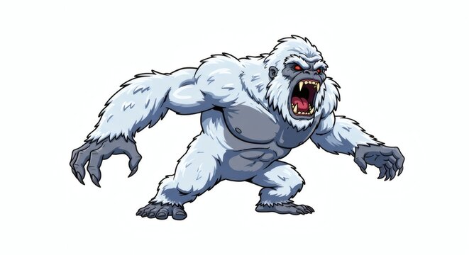 Yeti or abominable snowman roaring on white background