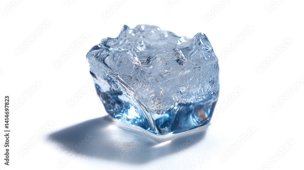 Poster single ice cube melting with shadow on white background close up